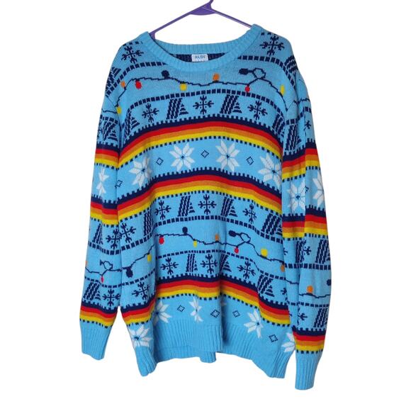 Aldi Gear Holiday Lights Retro Fair Isle Knit Ugly Christmas Sweater Blue XL - Picture 1 of 10